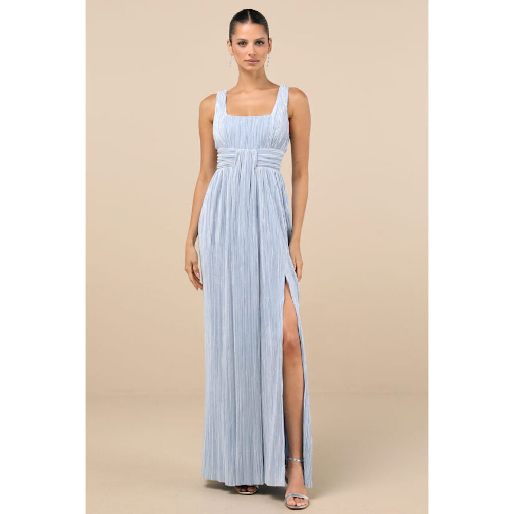 Lulus Ameena Light Blue Plisse Square Neck Sash Maxi Dress - Size M